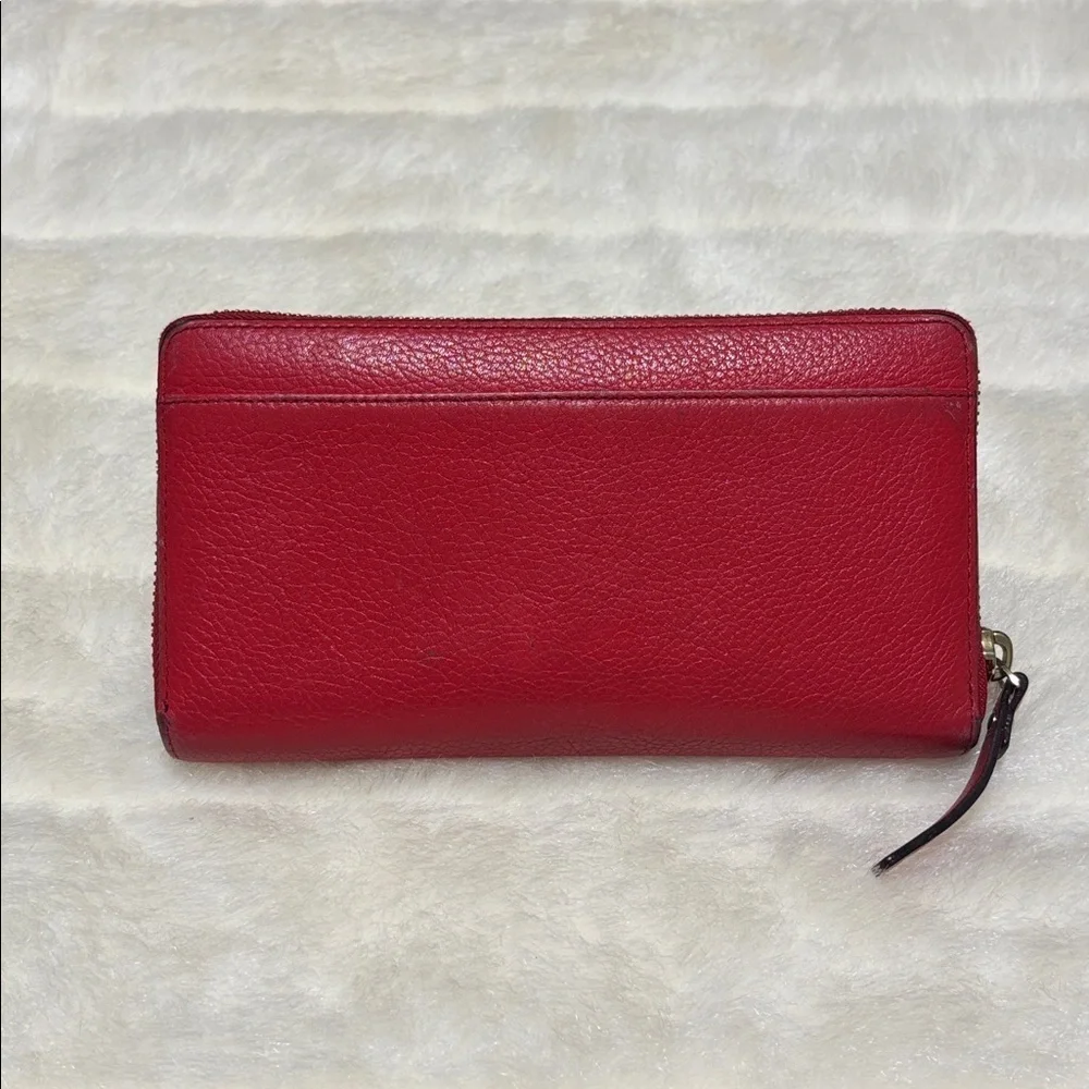 Kate Spade Red Pebbled Leather Zip Around Wallet with Logo Plate